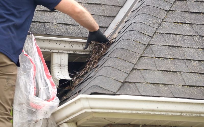 Unclogging of gutters during gutter cleaning service